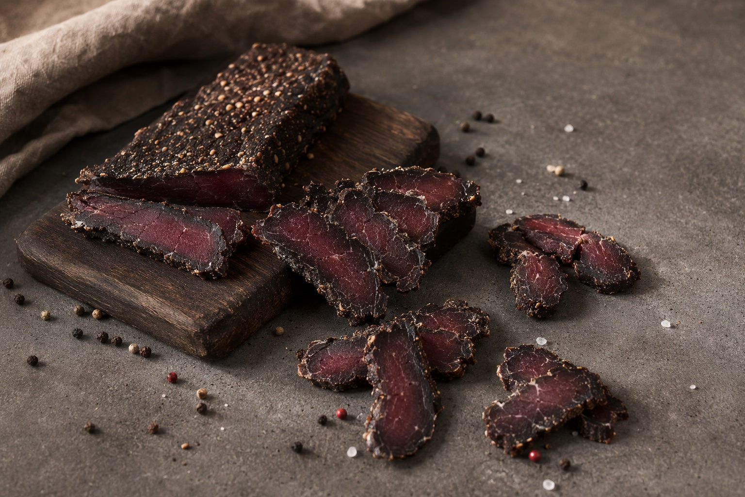 Pepper-crusted Joburg air-dried steak sliced on a dark wooden board